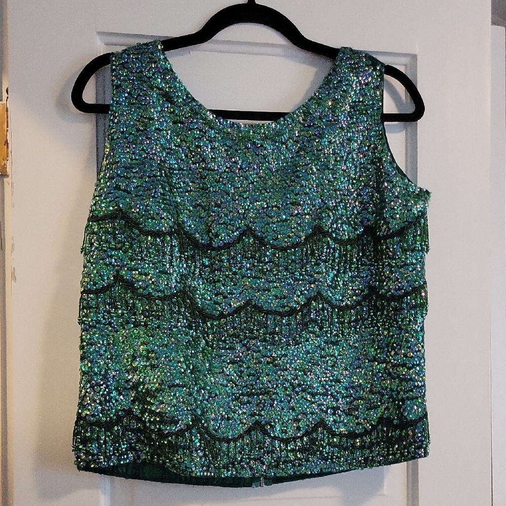 Vintage Emerald Green Showgirl Sequin Sleeveless Silk Wool Top - M